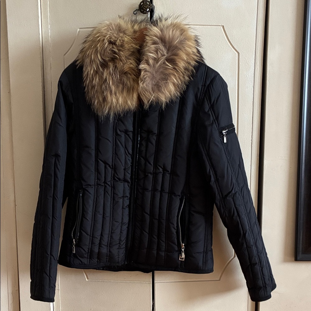 Black Quilted Jacket with Faux Fur Collar